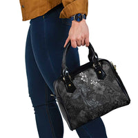 Hawaiian Tropical Plants and Tribal Whales Shoulder Handbag Polynesian Art Tattoo Grayscale