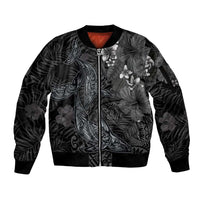 Hawaiian Tropical Plants and Tribal Whales Sleeve Zip Bomber Jacket Polynesian Art Tattoo Grayscale LT03 Unisex Black - Polynesian Pride