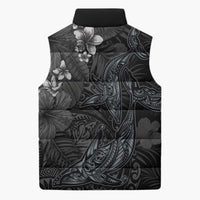 Hawaiian Tropical Plants and Tribal Whales Sleeveless Puffer Jacket Polynesian Art Tattoo Grayscale LT03 - Polynesian Pride
