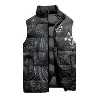 Hawaiian Tropical Plants and Tribal Whales Sleeveless Puffer Jacket Polynesian Art Tattoo Grayscale LT03 - Polynesian Pride