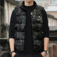Hawaiian Tropical Plants and Tribal Whales Sleeveless Puffer Jacket Polynesian Art Tattoo Grayscale LT03 - Polynesian Pride