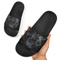 Hawaiian Tropical Plants and Tribal Whales Slide Sandals Polynesian Art Tattoo Grayscale LT03 - Polynesian Pride