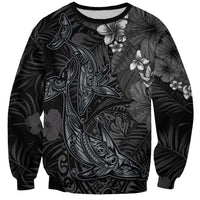 Hawaiian Tropical Plants and Tribal Whales Sweatshirt Polynesian Art Tattoo Grayscale LT03 Unisex Black - Polynesian Pride