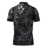 Hawaiian Tropical Plants and Tribal Whales Zipper Polo Shirt Polynesian Art Tattoo Grayscale