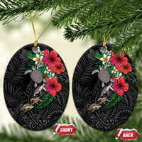 Hawaiian Tropical Plants and Turtles Ceramic Ornament Polynesian Art Motifs LT03 Oval Black - Polynesian Pride