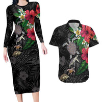 Hawaiian Tropical Plants and Turtles Couples Matching Long Sleeve Bodycon Dress and Hawaiian Shirt Polynesian Art Motifs
