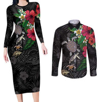 Hawaiian Tropical Plants and Turtles Couples Matching Long Sleeve Bodycon Dress and Long Sleeve Button Shirt Polynesian Art Motifs