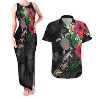 Hawaiian Tropical Plants and Turtles Couples Matching Tank Maxi Dress and Hawaiian Shirt Polynesian Art Motifs