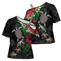 Hawaiian Tropical Plants and Turtles Cross Shoulder Shirt Polynesian Art Motifs LT03 - Polynesian Pride
