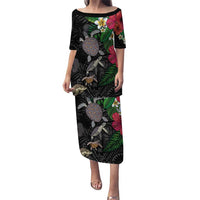 Hawaiian Tropical Plants and Turtles Family Matching Puletasi and Hawaiian Shirt Polynesian Art Motifs