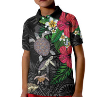 Hawaiian Tropical Plants and Turtles Kid Polo Shirt Polynesian Art Motifs LT03 Kid Black - Polynesian Pride