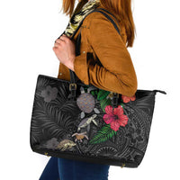 Hawaiian Tropical Plants and Turtles Leather Tote Bag Polynesian Art Motifs LT03 Black - Polynesian Pride