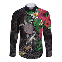 Hawaiian Tropical Plants and Turtles Long Sleeve Button Shirt Polynesian Art Motifs LT03 Unisex Black - Polynesian Pride
