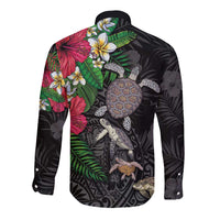 Hawaiian Tropical Plants and Turtles Long Sleeve Button Shirt Polynesian Art Motifs LT03 - Polynesian Pride