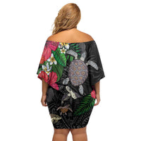 Hawaiian Tropical Plants and Turtles Off Shoulder Short Dress Polynesian Art Motifs LT03 - Polynesian Pride