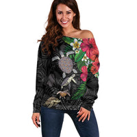Hawaiian Tropical Plants and Turtles Off Shoulder Sweater Polynesian Art Motifs LT03 Women Black - Polynesian Pride