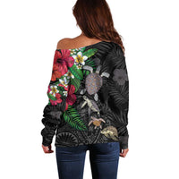 Hawaiian Tropical Plants and Turtles Off Shoulder Sweater Polynesian Art Motifs LT03 - Polynesian Pride