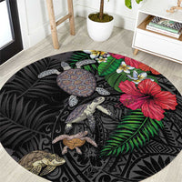 Hawaiian Tropical Plants and Turtles Round Carpet Polynesian Art Motifs LT03 Black - Polynesian Pride
