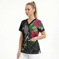 Hawaiian Tropical Plants and Turtles Scrub Top Polynesian Art Motifs LT03 - Polynesian Pride