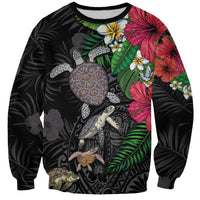 Hawaiian Tropical Plants and Turtles Sweatshirt Polynesian Art Motifs LT03 Unisex Black - Polynesian Pride