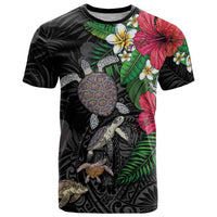 Hawaiian Tropical Plants and Turtles T Shirt Polynesian Art Motifs LT03 Black - Polynesian Pride