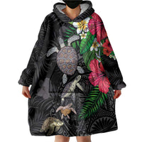 Hawaiian Tropical Plants and Turtles Wearable Blanket Hoodie Polynesian Art Motifs
