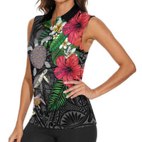 Hawaiian Tropical Plants and Turtles Women Sleeveless Polo Shirt Polynesian Art Motifs