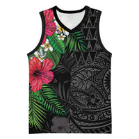 Hawaiian Tropical Plants Basketball Jersey Kakau Tattoo and Polynesian Pattern Half Black Color LT03 Unisex Black - Polynesian Pride