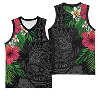 Hawaiian Tropical Plants Basketball Jersey Kakau Tattoo and Polynesian Pattern Half Black Color LT03 - Polynesian Pride