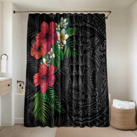 Hawaiian Tropical Plants Bathroom Set Kakau Tattoo and Polynesian Pattern Half Black Color LT03 Shower Curtain Only Black - Polynesian Pride