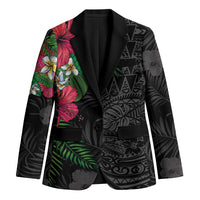Hawaiian Tropical Plants Blazer Kakau Tattoo and Polynesian Pattern Half Black Color LT03 Unisex Black - Polynesian Pride