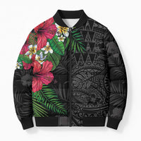 Hawaiian Tropical Plants Bomber Puffer Jacket Kakau Tattoo and Polynesian Pattern Half Black Color LT03 Unisex Black - Polynesian Pride