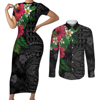 Hawaiian Tropical Plants Couples Matching Short Sleeve Bodycon Dress and Long Sleeve Button Shirt Kakau Tattoo and Polynesian Pattern Half Black Color