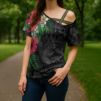Hawaiian Tropical Plants Cross Shoulder Shirt Kakau Tattoo and Polynesian Pattern Half Black Color LT03 - Polynesian Pride