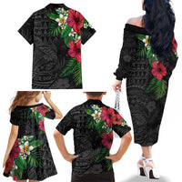 Hawaiian Tropical Plants Family Matching Off The Shoulder Long Sleeve Dress and Hawaiian Shirt Kakau Tattoo and Polynesian Pattern Half Black Color