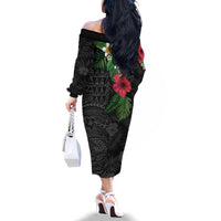 Hawaiian Tropical Plants Family Matching Off The Shoulder Long Sleeve Dress and Hawaiian Shirt Kakau Tattoo and Polynesian Pattern Half Black Color