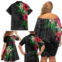 Hawaiian Tropical Plants Family Matching Off Shoulder Short Dress and Hawaiian Shirt Kakau Tattoo and Polynesian Pattern Half Black Color