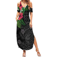 Hawaiian Tropical Plants Family Matching Summer Maxi Dress and Hawaiian Shirt Kakau Tattoo and Polynesian Pattern Half Black Color