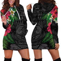 Hawaiian Tropical Plants Hoodie Dress Kakau Tattoo and Polynesian Pattern Half Black Color LT03 - Polynesian Pride