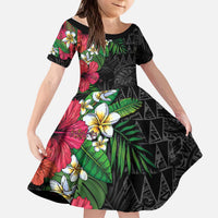 Hawaiian Tropical Plants Kid Short Sleeve Dress Kakau Tattoo and Polynesian Pattern Half Black Color LT03 KID Black - Polynesian Pride