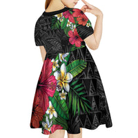 Hawaiian Tropical Plants Kid Short Sleeve Dress Kakau Tattoo and Polynesian Pattern Half Black Color LT03 - Polynesian Pride