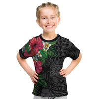 Hawaiian Tropical Plants Kid T Shirt Kakau Tattoo and Polynesian Pattern Half Black Color LT03 Black - Polynesian Pride