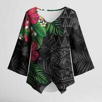 Hawaiian Tropical Plants Kimono Sleeve Blouse Kakau Tattoo and Polynesian Pattern Half Black Color LT03 Female Black - Polynesian Pride