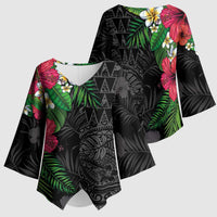 Hawaiian Tropical Plants Kimono Sleeve Blouse Kakau Tattoo and Polynesian Pattern Half Black Color LT03 - Polynesian Pride