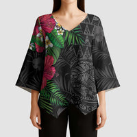 Hawaiian Tropical Plants Kimono Sleeve Blouse Kakau Tattoo and Polynesian Pattern Half Black Color LT03 - Polynesian Pride