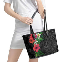 Hawaiian Tropical Plants Leather Tote Bag Kakau Tattoo and Polynesian Pattern Half Black Color LT03 - Polynesian Pride