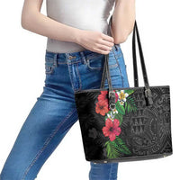 Hawaiian Tropical Plants Leather Tote Bag Kakau Tattoo and Polynesian Pattern Half Black Color LT03 - Polynesian Pride
