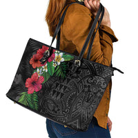 Hawaiian Tropical Plants Leather Tote Bag Kakau Tattoo and Polynesian Pattern Half Black Color LT03 - Polynesian Pride