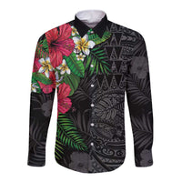 Hawaiian Tropical Plants Long Sleeve Button Shirt Kakau Tattoo and Polynesian Pattern Half Black Color LT03 Unisex Black - Polynesian Pride