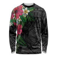 Hawaiian Tropical Plants Long Sleeve Shirt Kakau Tattoo and Polynesian Pattern Half Black Color LT03 Unisex Black - Polynesian Pride